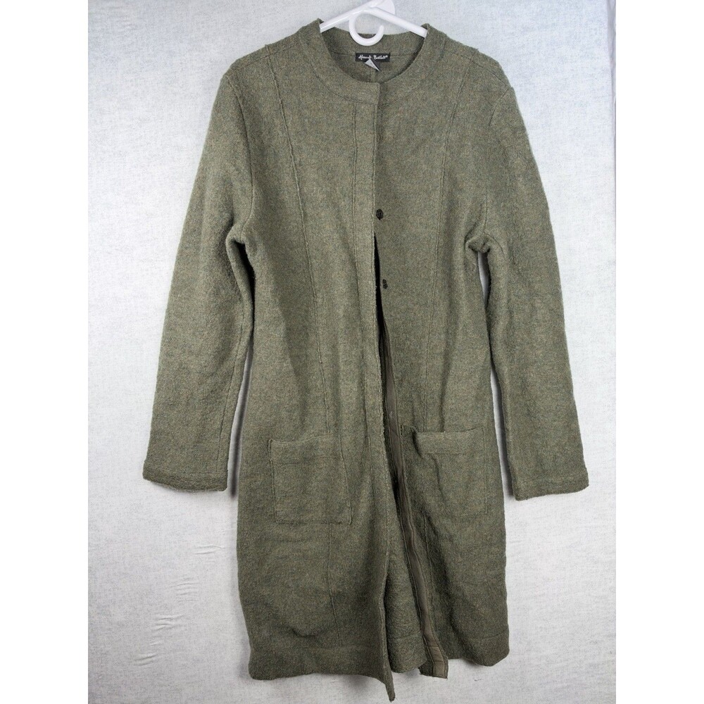 Alexandra Bartlett Green 100% Wool Long Line Cardigan Snap Up Retro Pockets Med